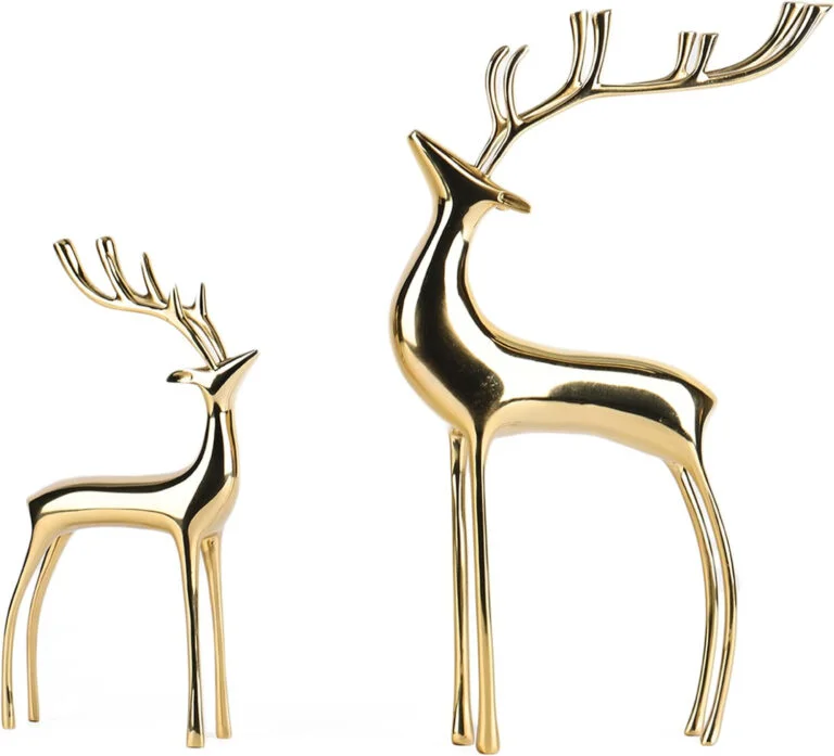 suruim Estatuas de reno de bola de cristal, juego de 2 adornos de reno pesado de cobre para decoración del hogar, elegante escultura de ciervo para sala de estar, oficina y estantería (dorado)