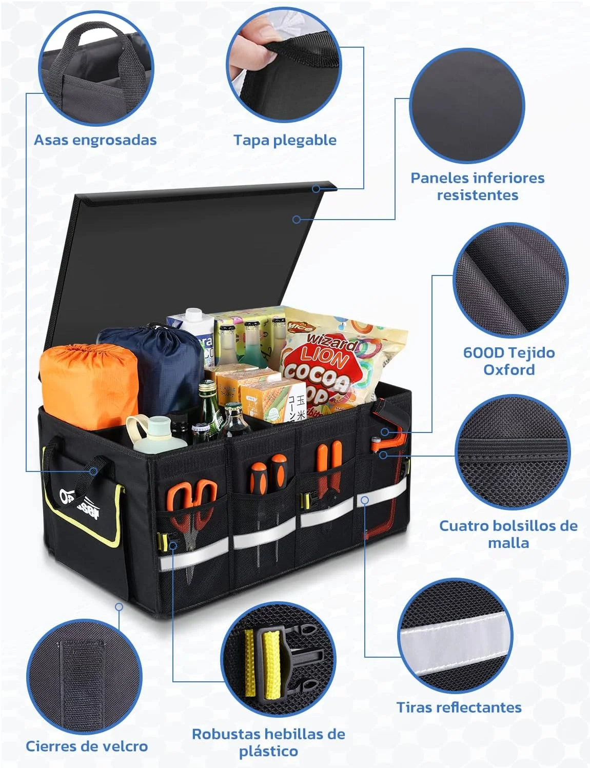 Oasser Organizador Maletero Coche Organizador de Coche para Almacenamiento Plegable Impermeable y Base Antideslizante Tapa Desmontable Negro E3A - Imagen 4