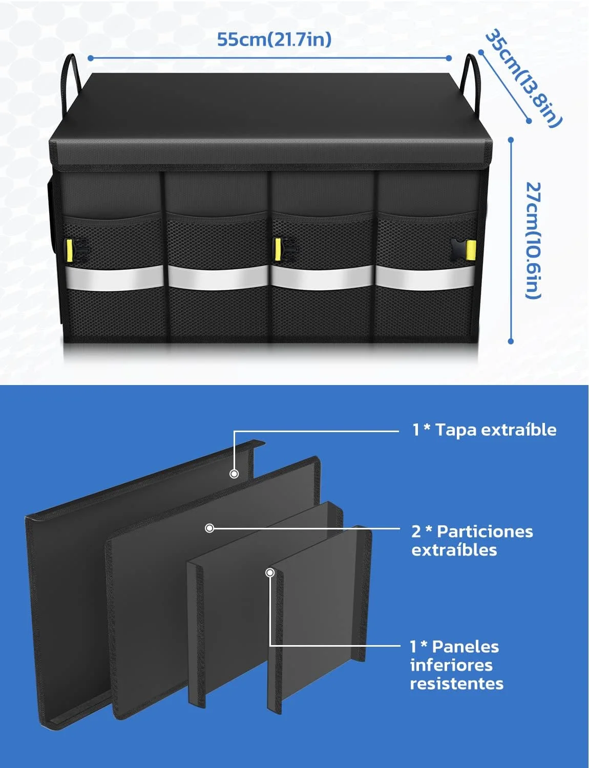 Oasser Organizador Maletero Coche Organizador de Coche para Almacenamiento Plegable Impermeable y Base Antideslizante Tapa Desmontable Negro E3A - Imagen 8