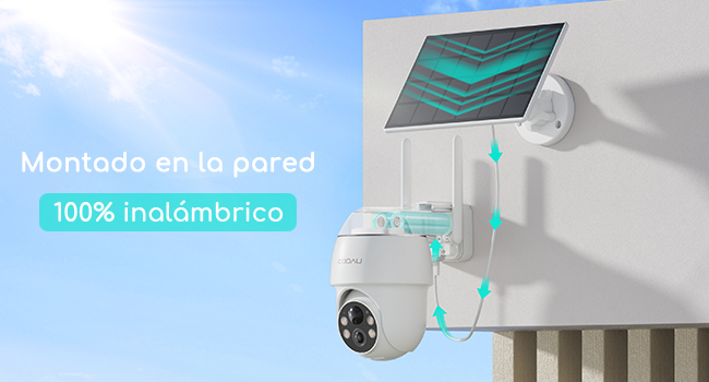 COOAU camara vigilancia wifi exterior con panel solar montado en la pared 100% inalambrico