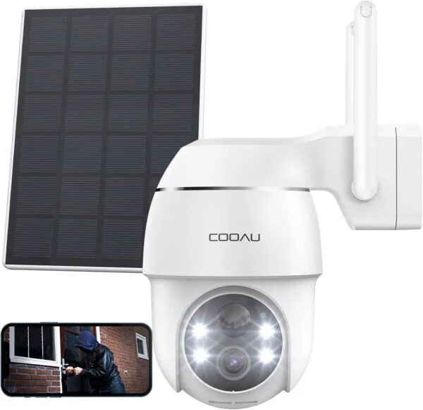 COOAU Camara Vigilancia WiFi Exterior Solar con Batería Recargable, 2k Camara Vigilancia Domicilio WiFi PTZ con Visión Nocturna en Color, Detección de Movimiento PIR, Sirena, IP66 (Blanco)