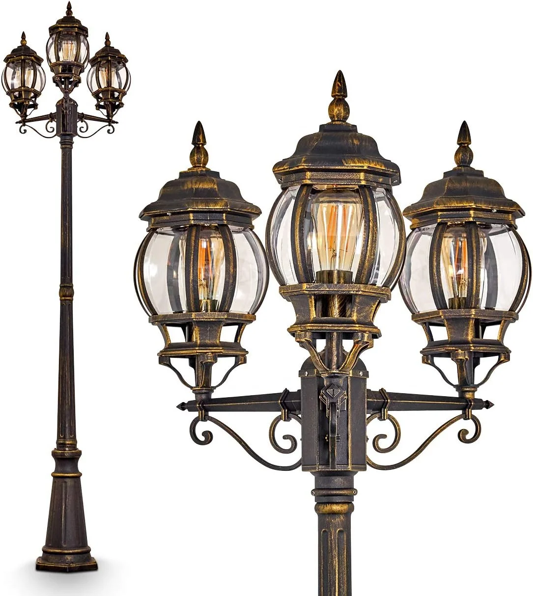 Candelabro Kobe, lámpara de pie para exterior de aspecto antiguo, metal en marrón/oro con discos de plástico, luz de camino de 3 brazos 215cm, lámpara de jardín retro/vintage, E27, IP44, sin bombillas