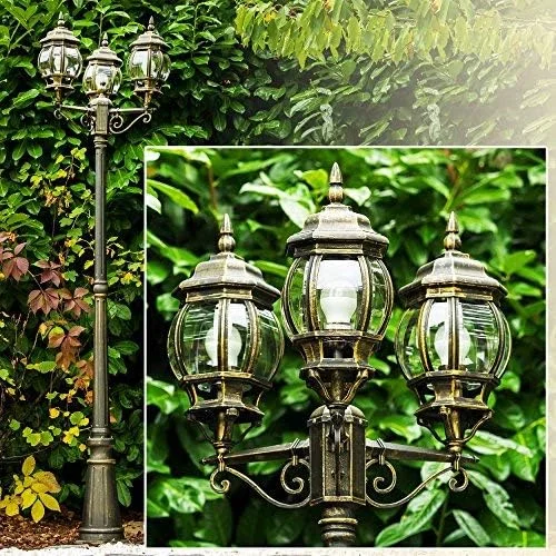 Candelabro Kobe, lámpara de pie para exterior de aspecto antiguo, metal en marrón/oro con discos de plástico, luz de camino de 3 brazos 215cm, lámpara de jardín retro/vintage, E27, IP44, sin bombillas - Imagen 2