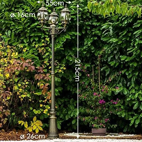 Candelabro Kobe, lámpara de pie para exterior de aspecto antiguo, metal en marrón/oro con discos de plástico, luz de camino de 3 brazos 215cm, lámpara de jardín retro/vintage, E27, IP44, sin bombillas - Imagen 3