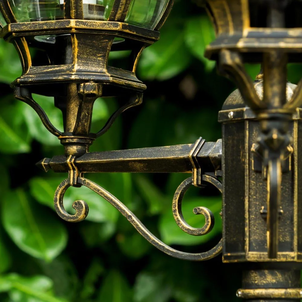 Candelabro Kobe, lámpara de pie para exterior de aspecto antiguo, metal en marrón/oro con discos de plástico, luz de camino de 3 brazos 215cm, lámpara de jardín retro/vintage, E27, IP44, sin bombillas - Imagen 6
