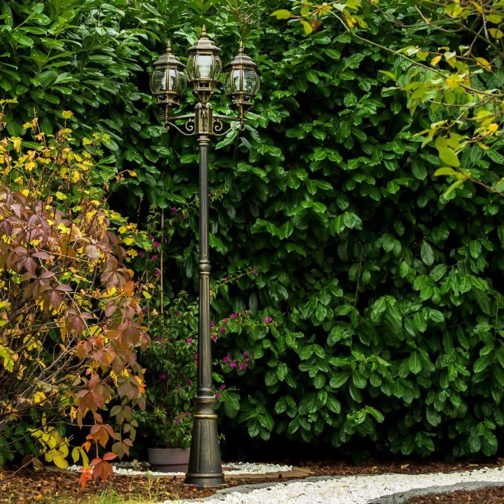 Candelabro Kobe, lámpara de pie para exterior de aspecto antiguo, metal en marrón/oro con discos de plástico, luz de camino de 3 brazos 215cm, lámpara de jardín retro/vintage, E27, IP44, sin bombillas - Imagen 7