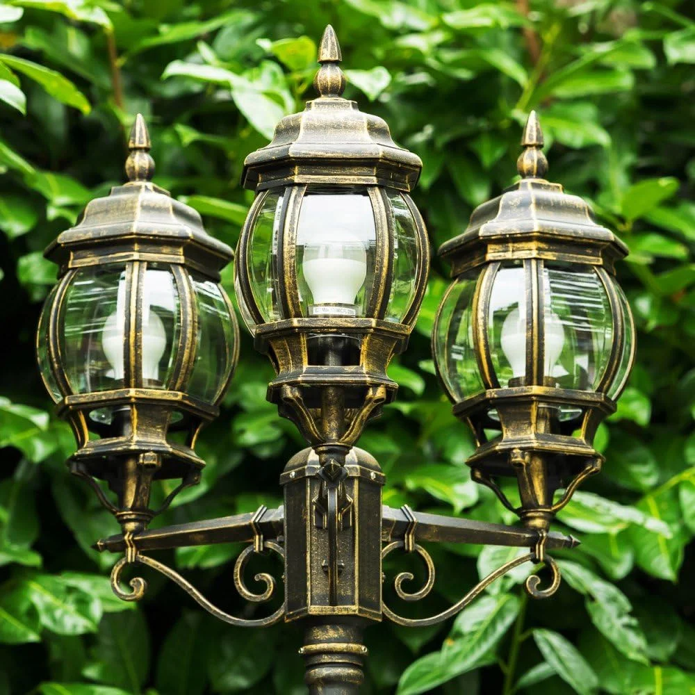 Candelabro Kobe, lámpara de pie para exterior de aspecto antiguo, metal en marrón/oro con discos de plástico, luz de camino de 3 brazos 215cm, lámpara de jardín retro/vintage, E27, IP44, sin bombillas - Imagen 8