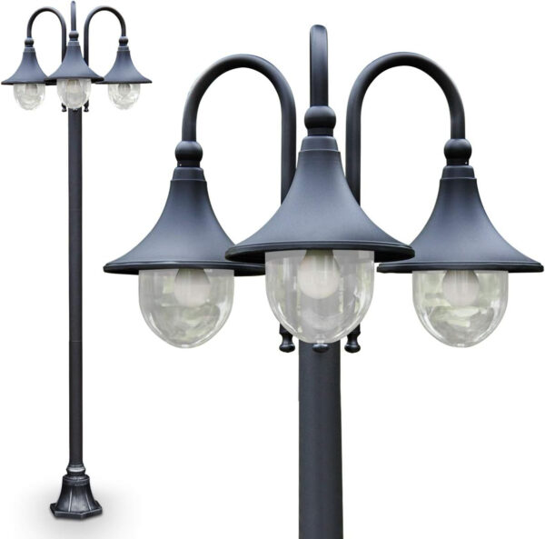 Lámpara de exterior Elgin, candelabro en aspecto antiguo, metal en negro mate, con discos de plástico, luz de camino de 3 brazos 225 cm, lámpara de jardín retro/vintage, E27, IP44, sin bombilla(s)