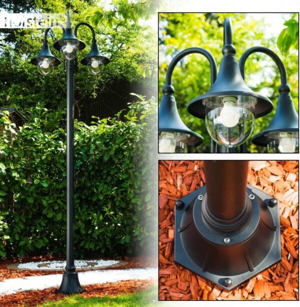 Lámpara de exterior Elgin, candelabro en aspecto antiguo, metal en negro mate, con discos de plástico, luz de camino de 3 brazos 225 cm, lámpara de jardín retro/vintage, E27, IP44, sin bombilla(s) - Imagen 2