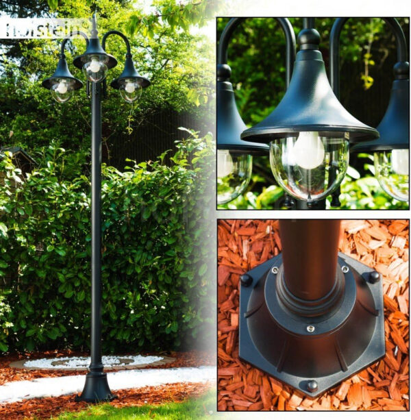 Lámpara de exterior Elgin, candelabro en aspecto antiguo, metal en negro mate, con discos de plástico, luz de camino de 3 brazos 225 cm, lámpara de jardín retro/vintage, E27, IP44, sin bombilla(s) - Imagen 8