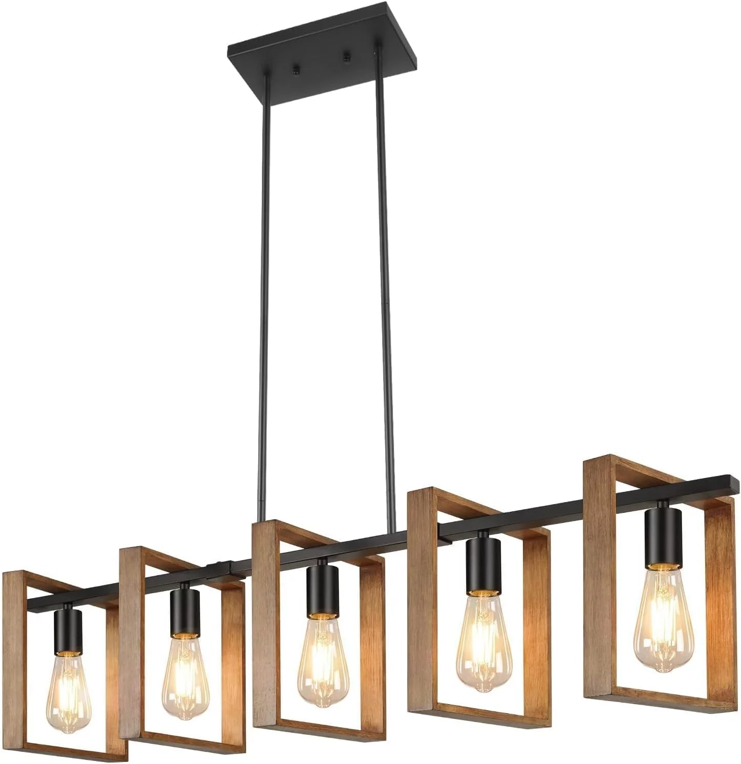 Iluminación De Isla De Cocina Negra, Lámpara De Comedor De 5 Luces De 105 cm De Altura Ajustable, Lámpara De Araña Con Marco De Madera, Cocina, Luces De Mesa De Billar, E27 (Bombillas No Incluidas)
