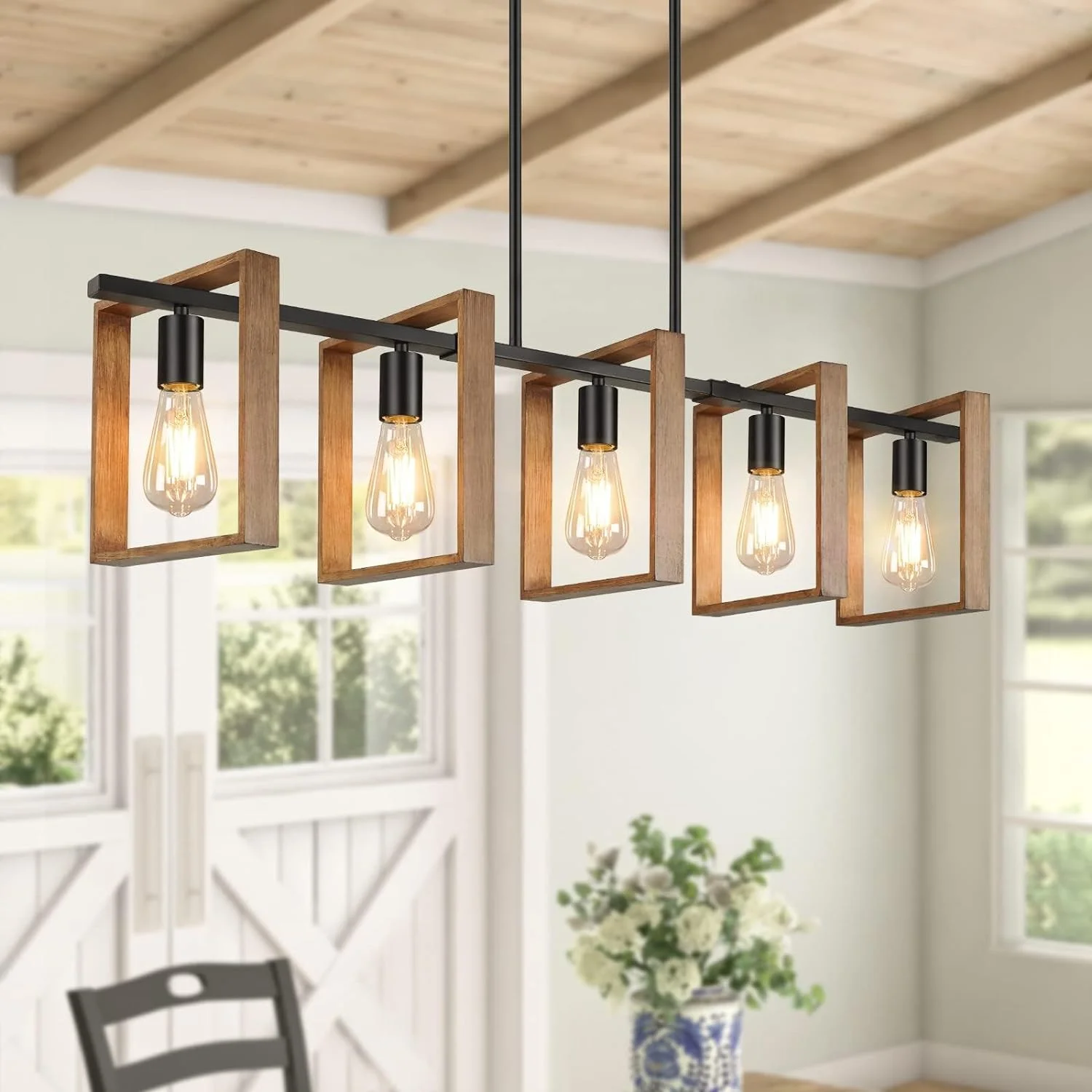 Iluminación De Isla De Cocina Negra, Lámpara De Comedor De 5 Luces De 105 cm De Altura Ajustable, Lámpara De Araña Con Marco De Madera, Cocina, Luces De Mesa De Billar, E27 (Bombillas No Incluidas) - Imagen 2