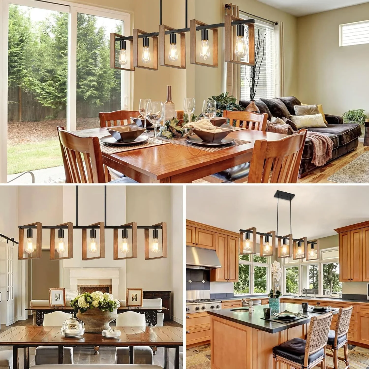 Iluminación De Isla De Cocina Negra, Lámpara De Comedor De 5 Luces De 105 cm De Altura Ajustable, Lámpara De Araña Con Marco De Madera, Cocina, Luces De Mesa De Billar, E27 (Bombillas No Incluidas) - Imagen 3