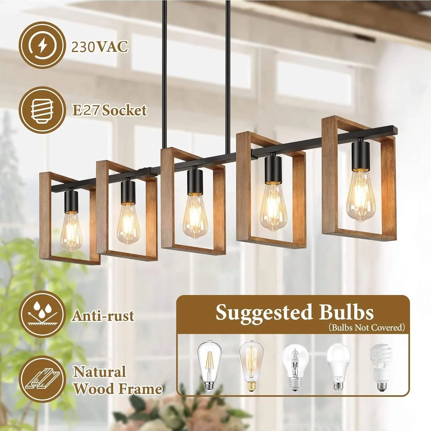 Iluminación De Isla De Cocina Negra, Lámpara De Comedor De 5 Luces De 105 cm De Altura Ajustable, Lámpara De Araña Con Marco De Madera, Cocina, Luces De Mesa De Billar, E27 (Bombillas No Incluidas) - Imagen 4