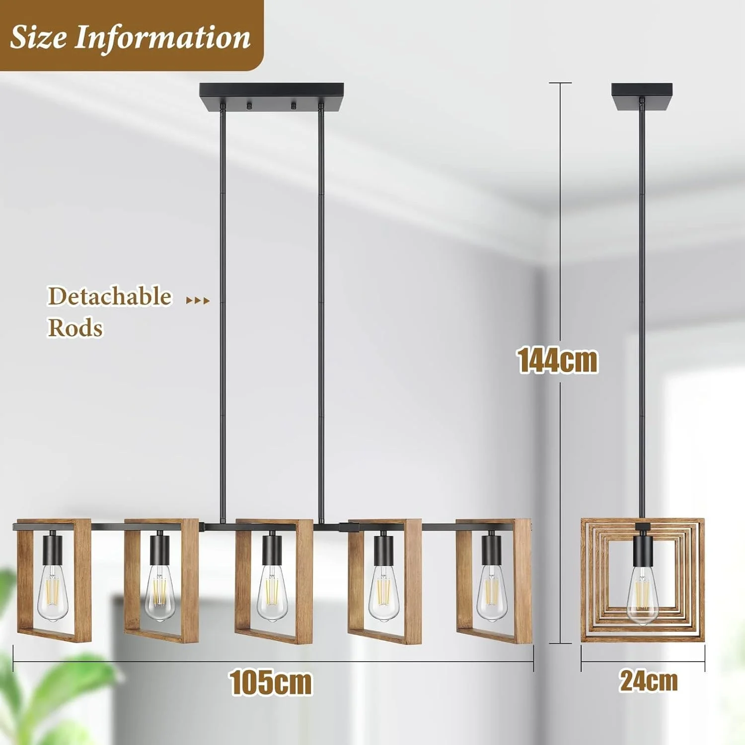 Iluminación De Isla De Cocina Negra, Lámpara De Comedor De 5 Luces De 105 cm De Altura Ajustable, Lámpara De Araña Con Marco De Madera, Cocina, Luces De Mesa De Billar, E27 (Bombillas No Incluidas) - Imagen 5