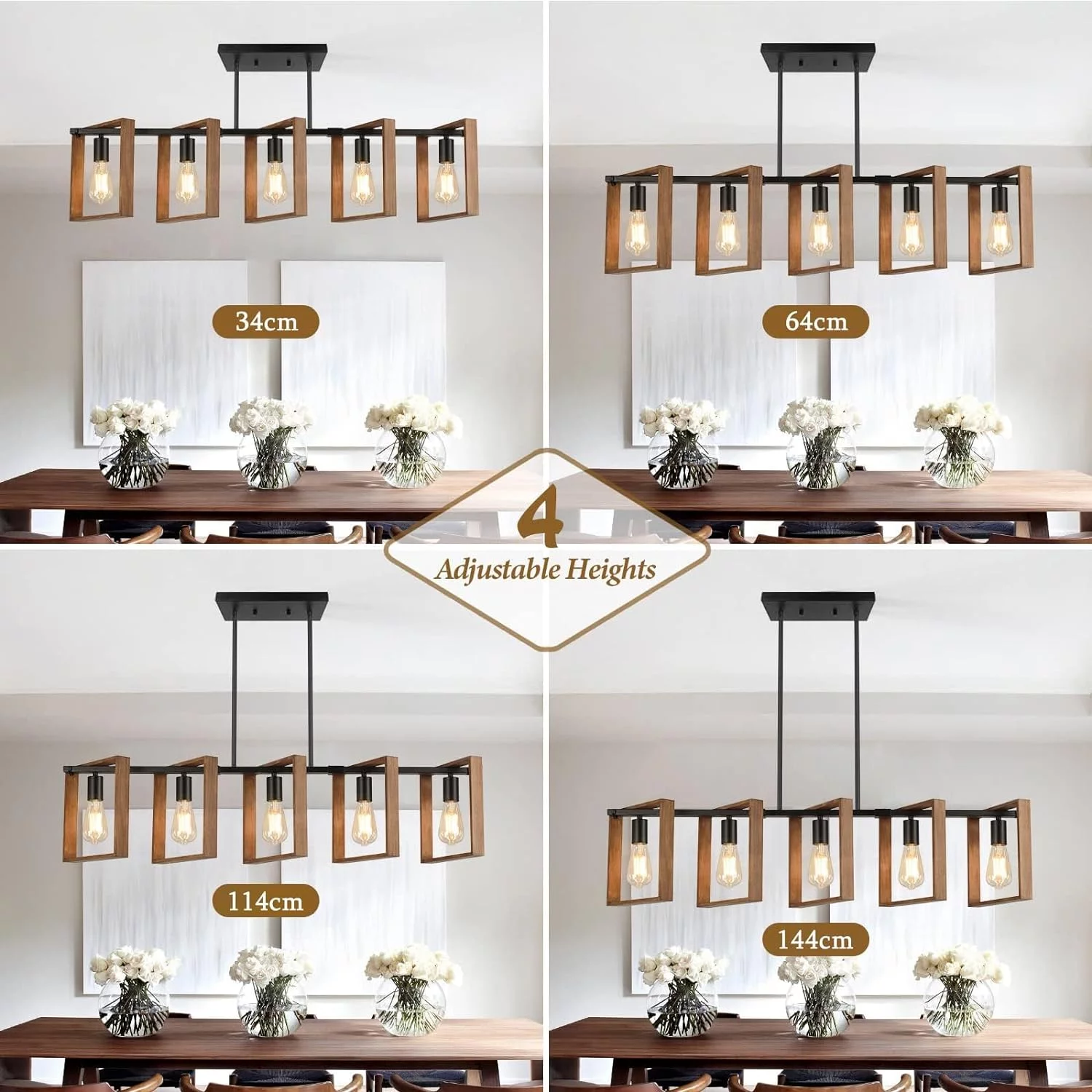 Iluminación De Isla De Cocina Negra, Lámpara De Comedor De 5 Luces De 105 cm De Altura Ajustable, Lámpara De Araña Con Marco De Madera, Cocina, Luces De Mesa De Billar, E27 (Bombillas No Incluidas) - Imagen 6
