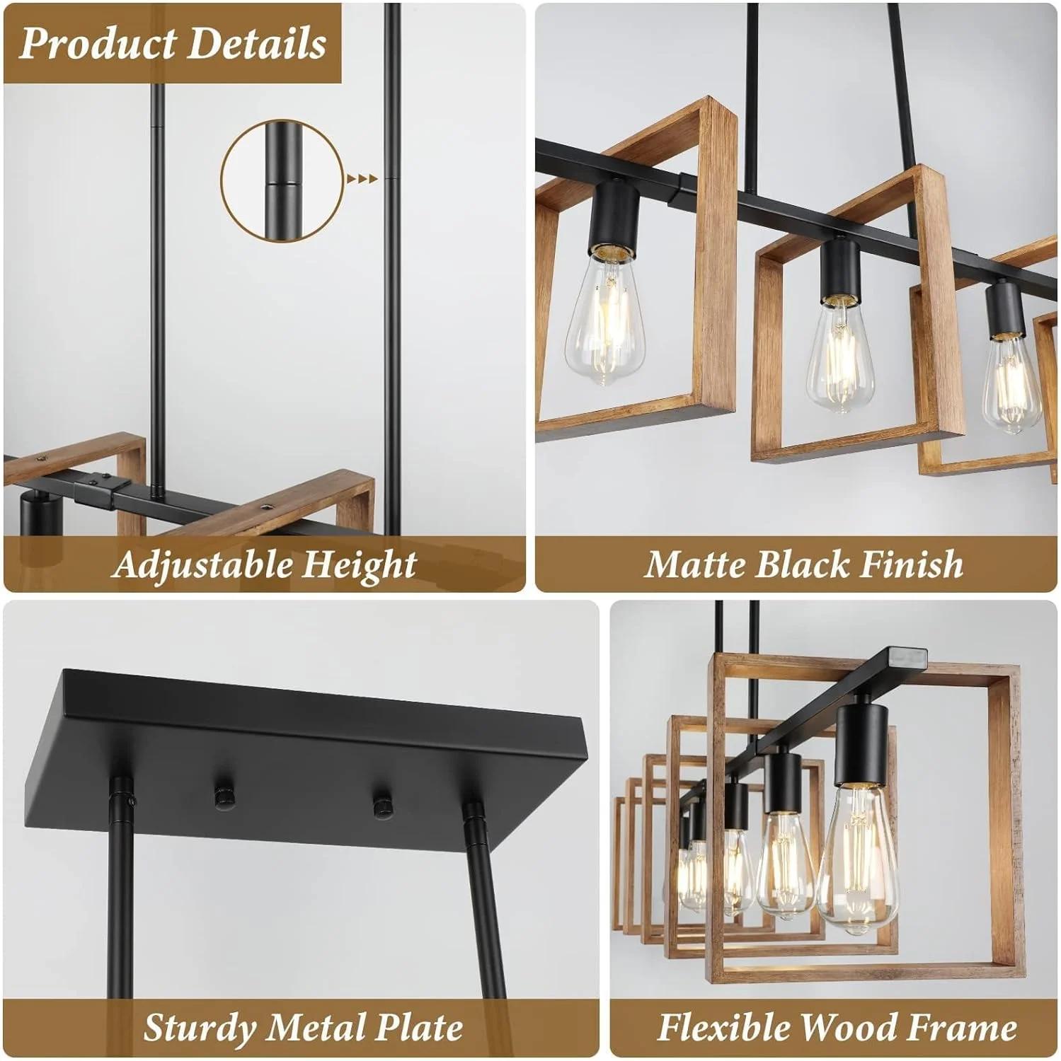 Iluminación De Isla De Cocina Negra, Lámpara De Comedor De 5 Luces De 105 cm De Altura Ajustable, Lámpara De Araña Con Marco De Madera, Cocina, Luces De Mesa De Billar, E27 (Bombillas No Incluidas) - Imagen 7