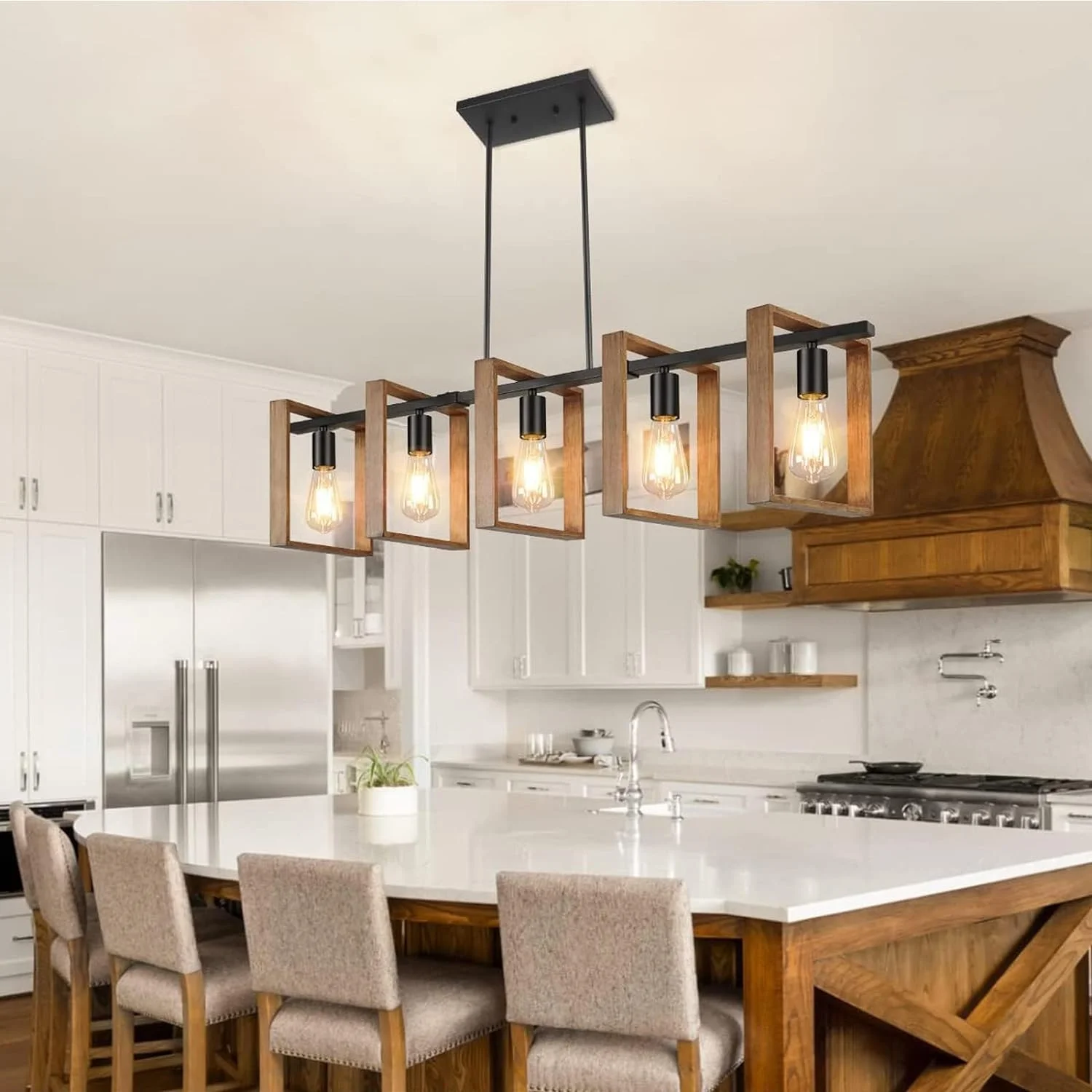 Iluminación De Isla De Cocina Negra, Lámpara De Comedor De 5 Luces De 105 cm De Altura Ajustable, Lámpara De Araña Con Marco De Madera, Cocina, Luces De Mesa De Billar, E27 (Bombillas No Incluidas) - Imagen 8