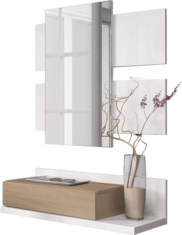 Habitdesign Recibidor con cajón y Espejo, Mueble de Entrada, Modelo Tekkan, Acabado en Blanco Artik y Roble Canadian, Medidas: 75 cm (Ancho) x 116 cm (Alto) x 29 cm (Fondo)