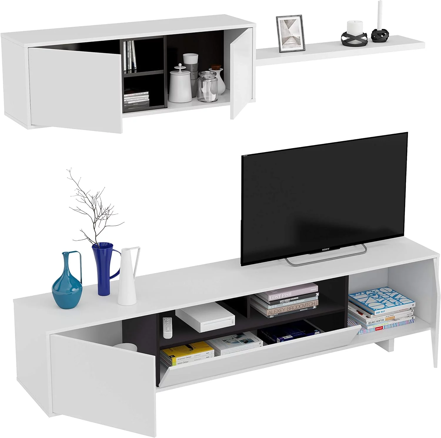 Habitdesign Mueble de Salon Moderno, Modulos Comedor, Modelo Belus, Acabado en Blanco Brillo y Gris Antracita, Medidas: 200 cm (Ancho) x 41 cm (Fondo) x 46 cm (Alto) - Imagen 2