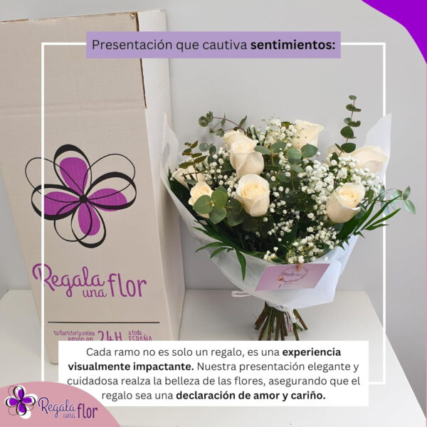 REGALAUNAFLOR | Ramo de flores naturales a domicilio | Entrega puntual en 24 horas de Lunes a Sábado | Con tarjeta dedicatoria | 12 rosas blancas - Imagen 5