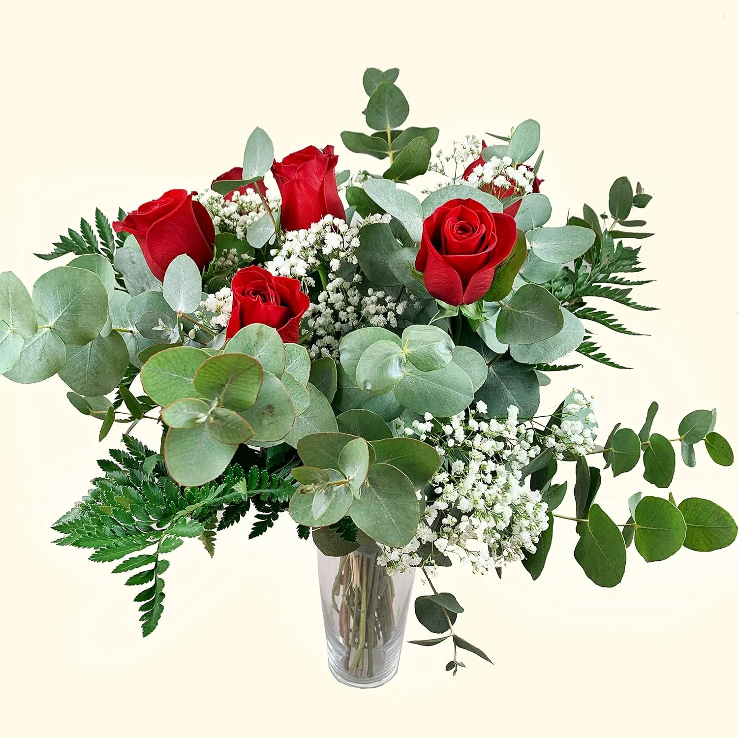 Ramo de 6 rosas rojas naturales entrega rápida en jarrón Bouquet of 6 natural red roses with fast delivery in vase