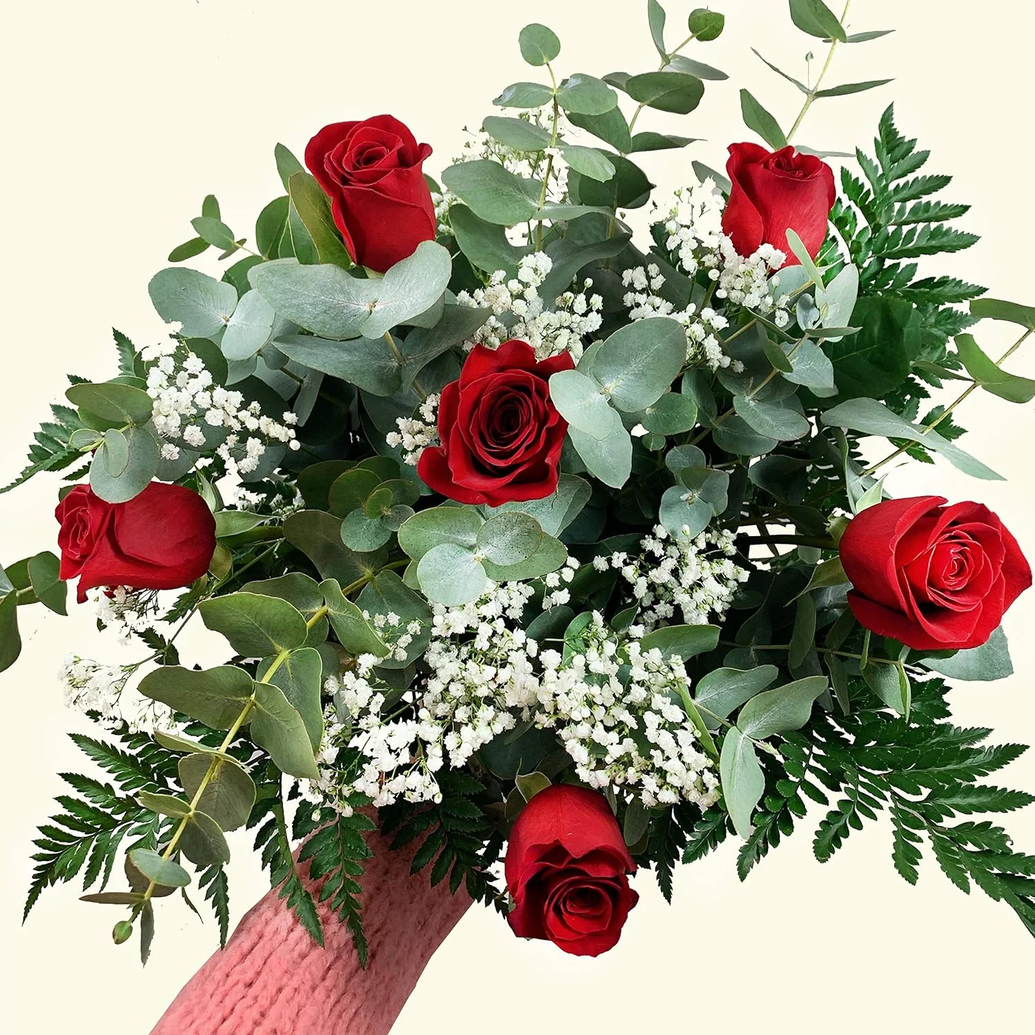 Ramo de 6 rosas rojas naturales entrega rápida, vista superior Bouquet of 6 natural red roses with fast delivery, top view