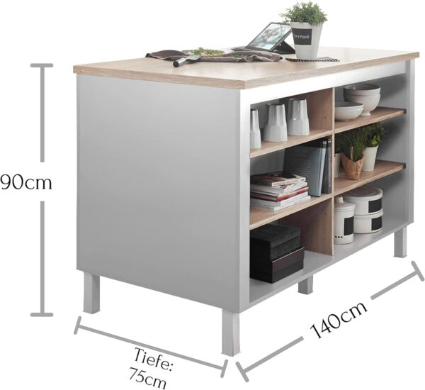 Stella Trading Bilberry Moderna Isla encimera de pie en Aspecto, Color Mate-Amplio Armario de Cocina, Madera de ingeniería, Roble Sonoma/Blanco, 138 x 85 x 75 cm - Imagen 3