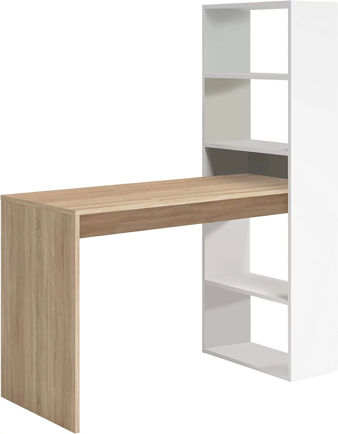 Habitdesign Escritorio con Estanteria Reversible, Mesa de Ordenador, Blanco Artik y Roble Canadian, Modelo Duplo, Medidas: 120 cm (Ancho) x 53 cm (Fondo) x 144 cm (Alto)