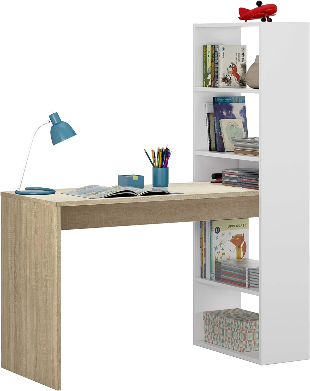 Habitdesign Escritorio con Estanteria Reversible, Mesa de Ordenador, Blanco Artik y Roble Canadian, Modelo Duplo, Medidas: 120 cm (Ancho) x 53 cm (Fondo) x 144 cm (Alto) - Imagen 4