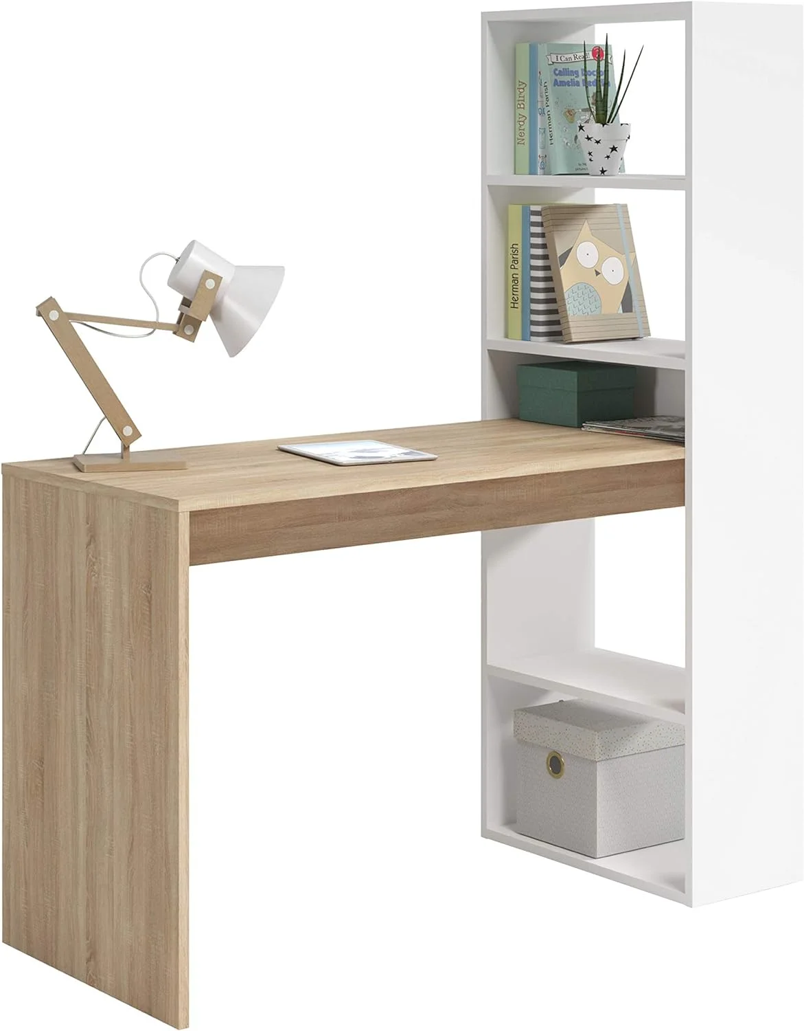 Habitdesign Escritorio con Estanteria Reversible, Mesa de Ordenador, Blanco Artik y Roble Canadian, Modelo Duplo, Medidas: 120 cm (Ancho) x 53 cm (Fondo) x 144 cm (Alto) - Imagen 5