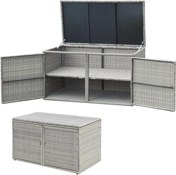 KOMFOTTEU Baúl de Almacenamiento Exterior de Ratán 330 L, Caja de Almacenaje de Jardín con Puertas Dobles y Tapa, Arcón de Ordenación de 2 Pisos para Patio, Terreza, 115 x 60 x 65 cm (gris)