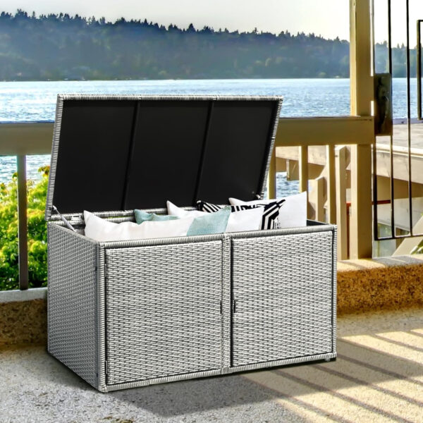 KOMFOTTEU Baúl de Almacenamiento Exterior de Ratán 330 L, Caja de Almacenaje de Jardín con Puertas Dobles y Tapa, Arcón de Ordenación de 2 Pisos para Patio, Terreza, 115 x 60 x 65 cm (gris) - Imagen 2