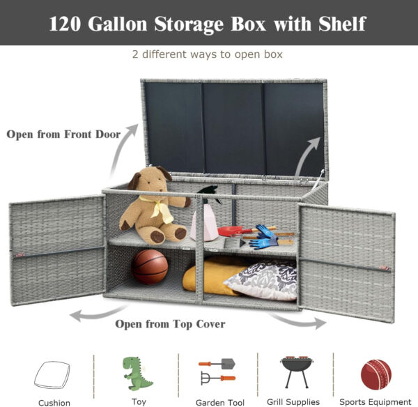 KOMFOTTEU Baúl de Almacenamiento Exterior de Ratán 330 L, Caja de Almacenaje de Jardín con Puertas Dobles y Tapa, Arcón de Ordenación de 2 Pisos para Patio, Terreza, 115 x 60 x 65 cm (gris) - Imagen 5