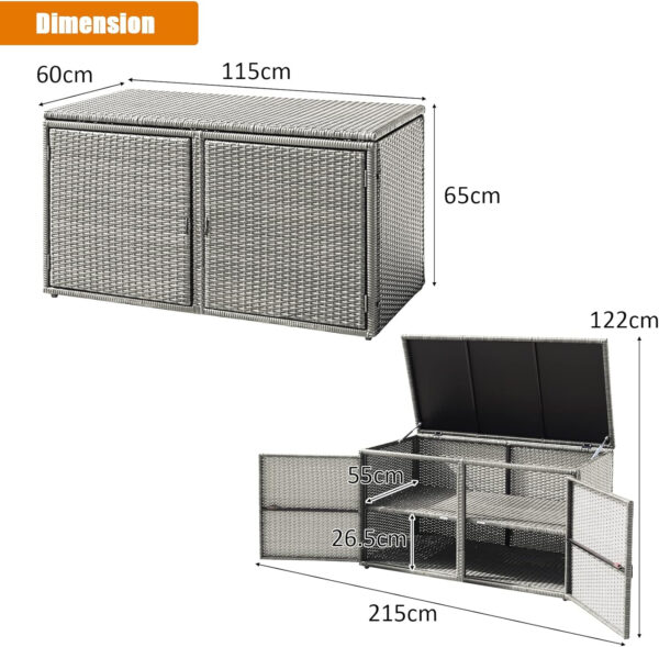 KOMFOTTEU Baúl de Almacenamiento Exterior de Ratán 330 L, Caja de Almacenaje de Jardín con Puertas Dobles y Tapa, Arcón de Ordenación de 2 Pisos para Patio, Terreza, 115 x 60 x 65 cm (gris) - Imagen 7