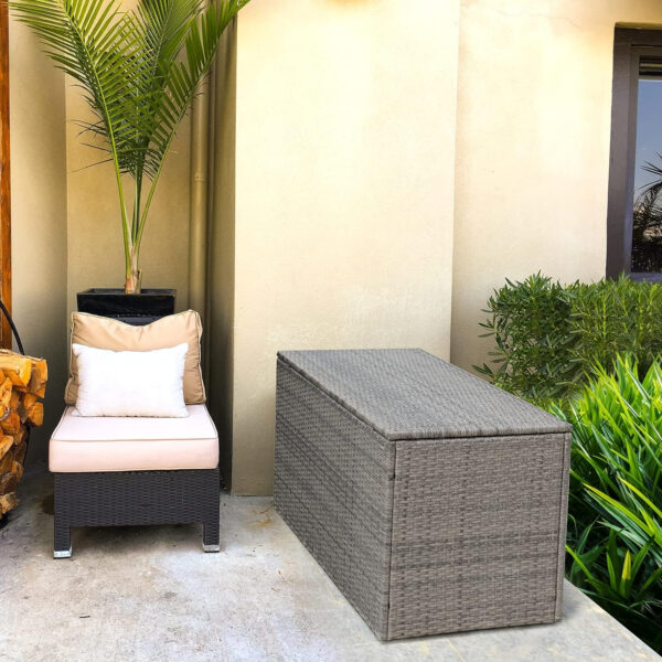 KOMFOTTEU Baúl de Almacenamiento Exterior de Ratán 330 L, Caja de Almacenaje de Jardín con Puertas Dobles y Tapa, Arcón de Ordenación de 2 Pisos para Patio, Terreza, 115 x 60 x 65 cm (gris) - Imagen 8