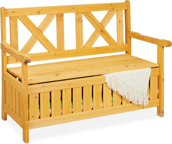 Relaxdays Banco Jardín con Baúl, 2 Plazas, Madera Abeto, 85 x 115 x 60 cm, Asiento Exterior con Respaldo, Color Natural
