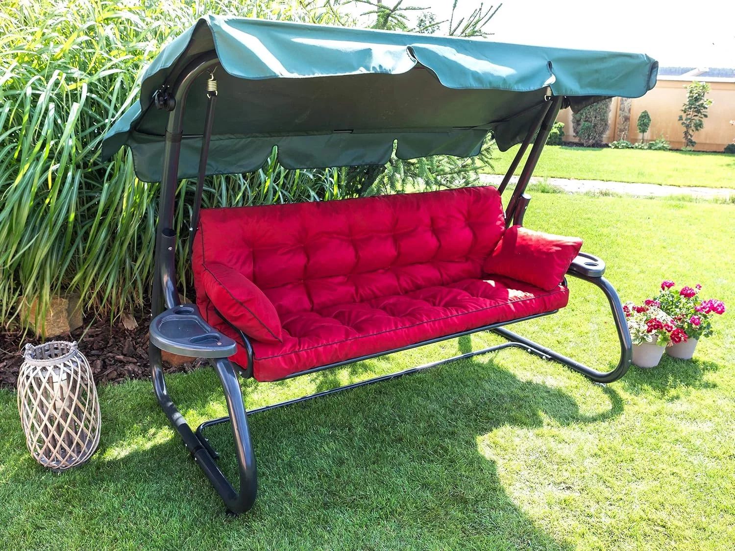 Bjird Cojin para Banco - Cojines Blandos de Asiento y Respaldo para Tumbonas, Bancos de Jardín, Columpios de Patio, Suelo - Impermeables con Diseño Acolchado y Correas - 100 cm - Rojo - Imagen 2