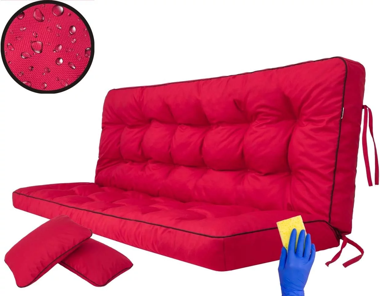 Bjird Cojin para Banco - Cojines Blandos de Asiento y Respaldo para Tumbonas, Bancos de Jardín, Columpios de Patio, Suelo - Impermeables con Diseño Acolchado y Correas - 100 cm - Rojo - Imagen 9