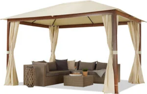 Cenador de jardín 3x4 m, Aspecto Madera, Techo de poliéster de Aprox. 220 g/m² 4 Cortinas en champán