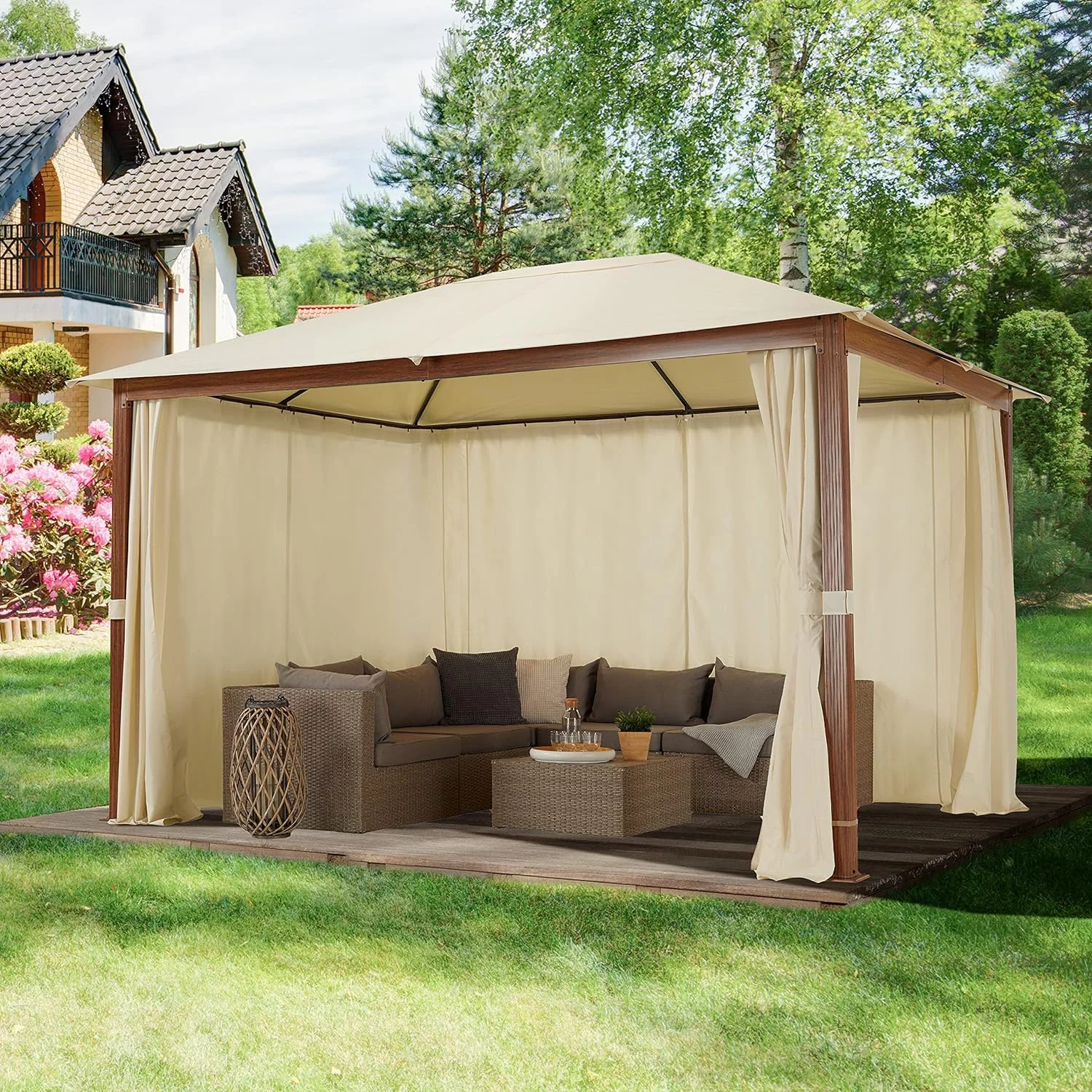 Cenador de jardín 3x4 m, Aspecto Madera, Techo de poliéster de Aprox. 220 g/m² 4 Cortinas en champán - Imagen 2