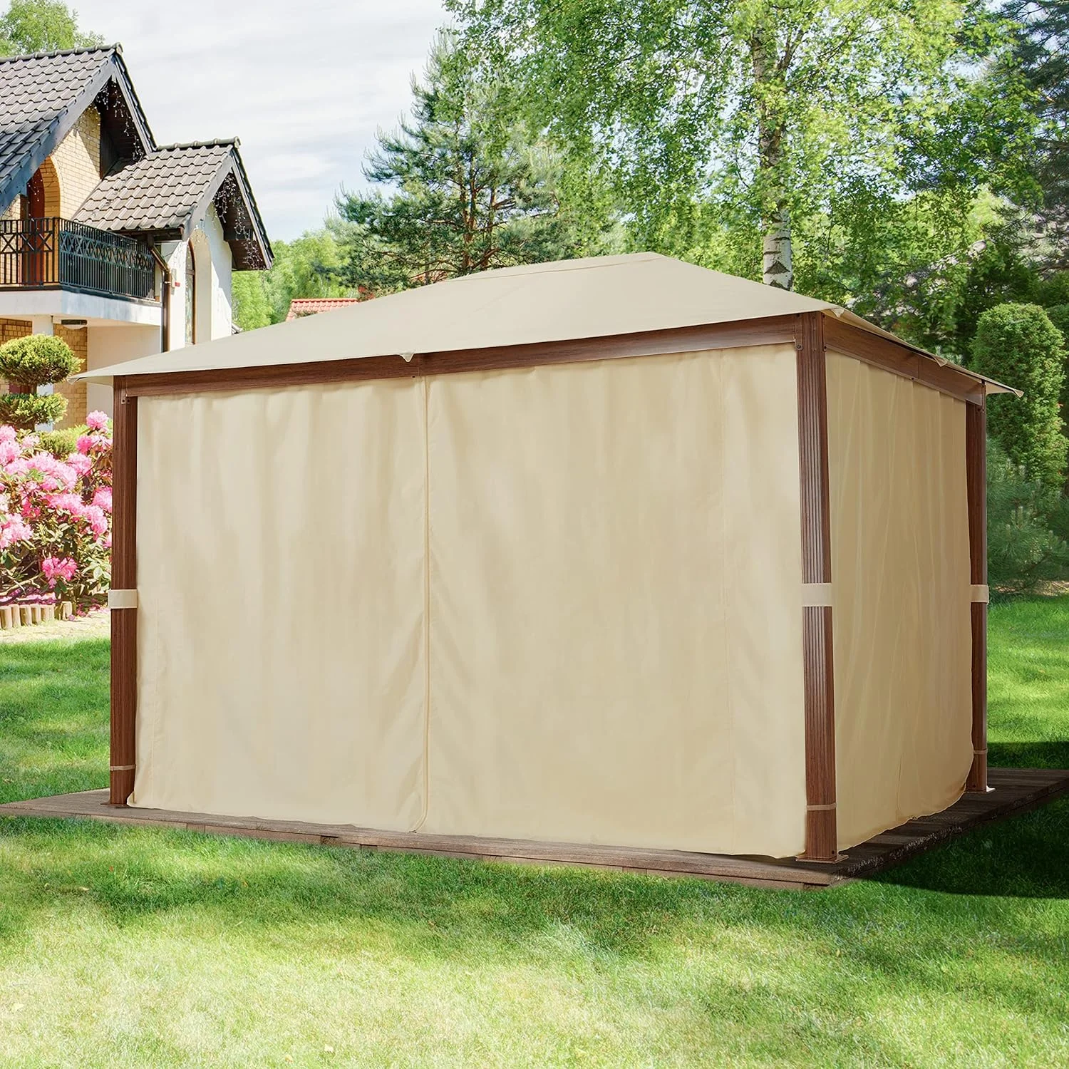 Cenador de jardín 3x4 m, Aspecto Madera, Techo de poliéster de Aprox. 220 g/m² 4 Cortinas en champán - Imagen 3