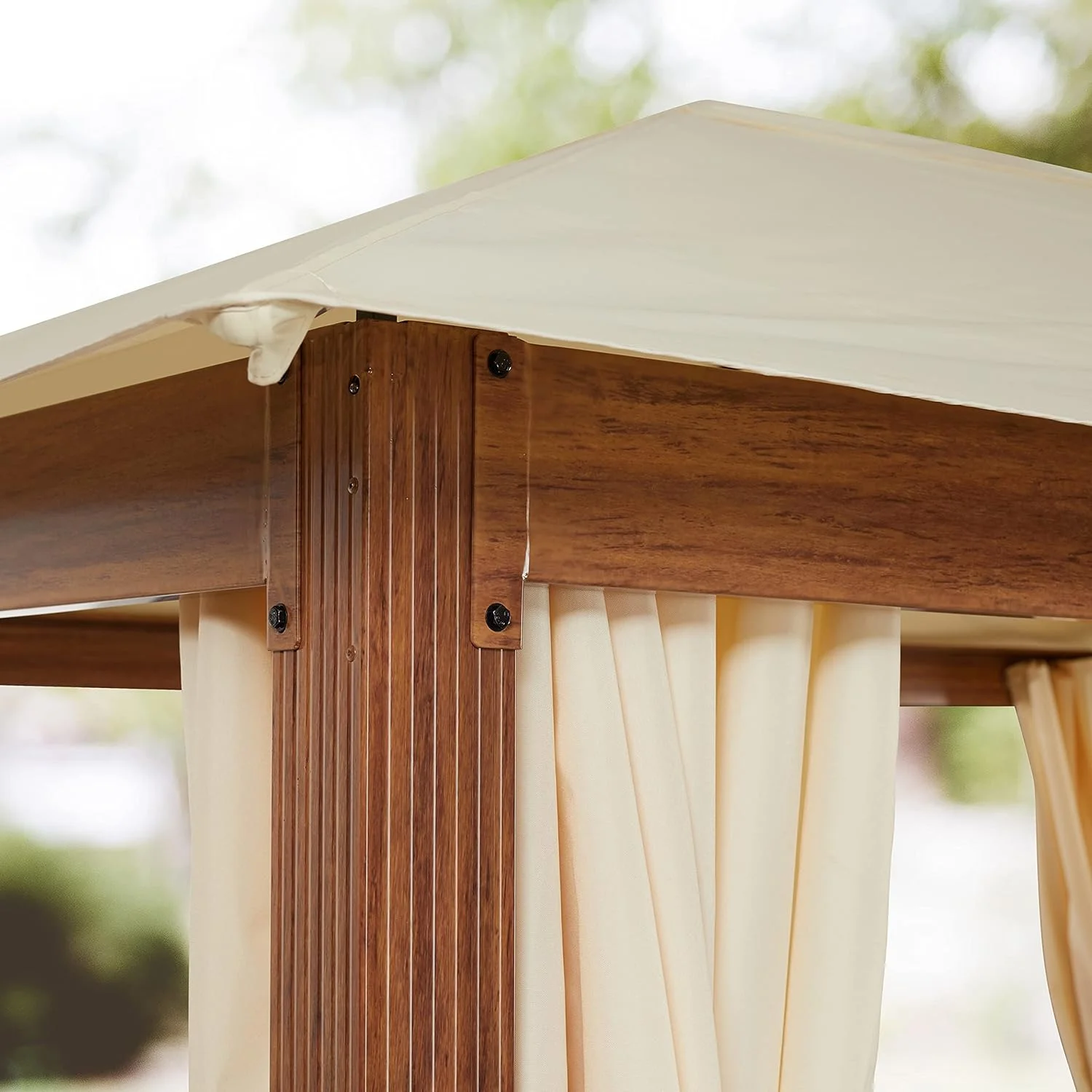 Cenador de jardín 3x4 m, Aspecto Madera, Techo de poliéster de Aprox. 220 g/m² 4 Cortinas en champán - Imagen 6