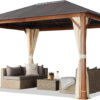 Cenador de jardín 3x4 m con techo sólido y aspecto madera 3x4 m Garden Gazebo with Solid Roof and Wood Look