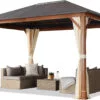 Cenador de jardín 3x4 m con techo sólido y aspecto madera 3x4 m Garden Gazebo with Solid Roof and Wood Look
