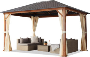 Cenador de jardín 3x4 m con techo sólido y aspecto madera 3x4 m Garden Gazebo with Solid Roof and Wood Look