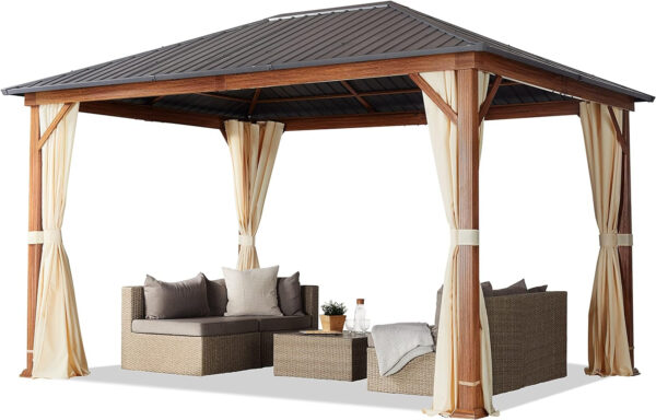 Cenador de jardín 3x4 m con techo sólido y aspecto madera 3x4 m Garden Gazebo with Solid Roof and Wood Look