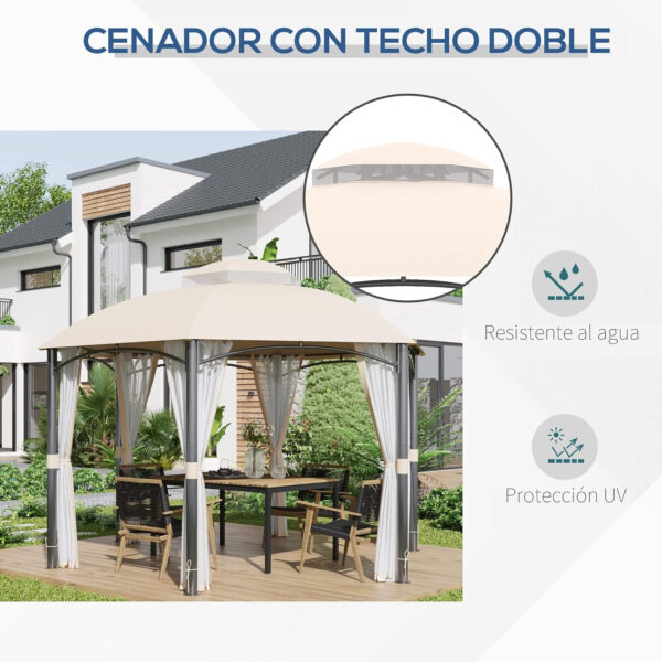 Outsunny Cenador de Jardín Hexágono 4x4 m Pabellón Exterior con Doble Techo de Ventilación y 6 Mosquiteras con Cremallera para Fiestas Balcón Patio Caqui - Imagen 4