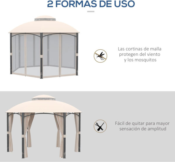 Outsunny Cenador de Jardín Hexágono 4x4 m Pabellón Exterior con Doble Techo de Ventilación y 6 Mosquiteras con Cremallera para Fiestas Balcón Patio Caqui - Imagen 5