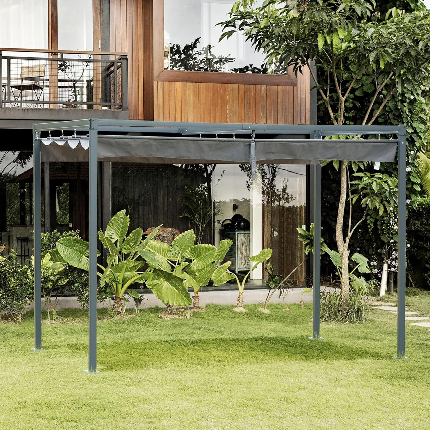 Outsunny Pérgola 3x2 m Cenador de Jardín con Techo Retráctil de Poliéster con Recubrimiento Resistente para Celebraciones Fiestas Bodas Gris - Imagen 2
